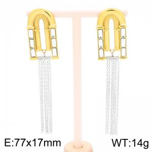 European and American fashion personality stainless steel creative geometric U-shaped splicing multiple thin chains charm gold&silver long tassel earrings - KE116369-GC