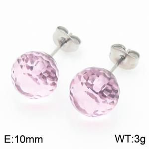 Stainless steel fashionable and creative sparkling 10mm pink crystal ball jewelry temperament silver earrings - KE116377-K