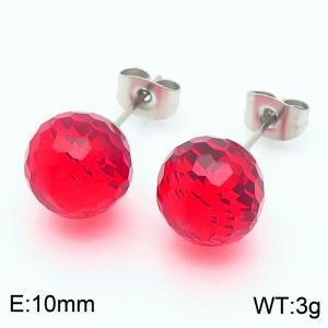 Stainless steel fashionable and creative sparkling 10mm red crystal round ball jewelry temperament silver earrings - KE116379-K