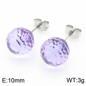 Stainless steel fashionable and creative sparkling 10mm light purple crystal round ball jewelry temperament silver earrings - KE116381-K