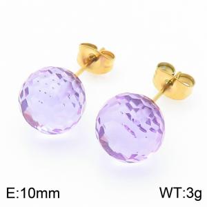 Stainless steel fashionable and creative sparkling 10mm light purple crystal round ball jewelry temperament gold earrings - KE116382-K