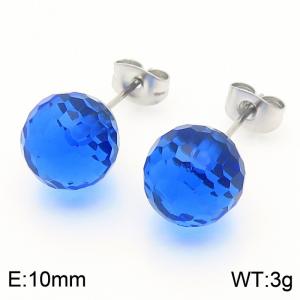 Stainless steel fashionable and creative sparkling 10mm sapphire blue crystal round ball jewelry temperament silver earrings - KE116383-K