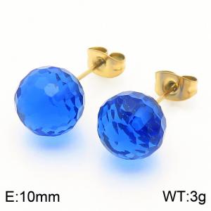 Stainless steel fashionable and creative sparkling 10mm sapphire blue crystal round ball jewelry temperament gold earrings - KE116384-K