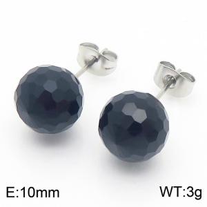 Stainless steel fashionable and creative sparkling 10mm black crystal round ball jewelry temperament silver earrings - KE116385-K