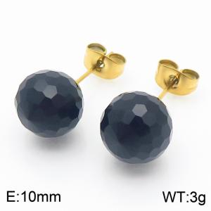 Stainless steel fashionable and creative sparkling 10mm black crystal round ball jewelry temperament gold earrings - KE116386-K