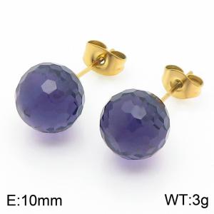 Stainless steel fashionable and creative sparkling 10mm dark purple crystal round ball jewelry temperament gold earrings - KE116388-K