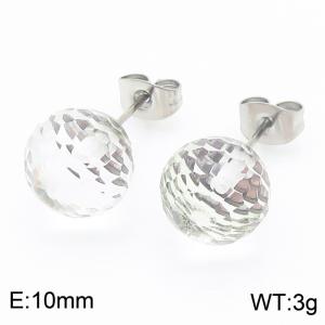 Stainless steel fashionable and creative sparkling 10mm white transparent crystal round ball jewelry temperament silver earrings - KE116391-K