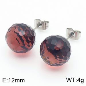 Stainless steel fashionable and creative sparkling 12mm dark coffee crystal round ball jewelry temperament silver earrings - KE116395-K