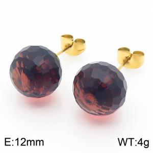 Stainless steel fashionable and creative sparkling 12mm dark coffee crystal round ball jewelry temperament gold earrings - KE116396-K