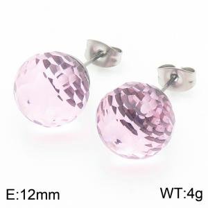 Stainless steel fashionable and creative sparkling 12mm pink crystal ball jewelry temperament silver earrings - KE116397-K