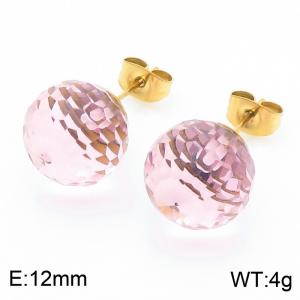 Stainless steel fashionable and creative sparkling 12mm pink crystal ball jewelry temperament gold earrings - KE116398-K