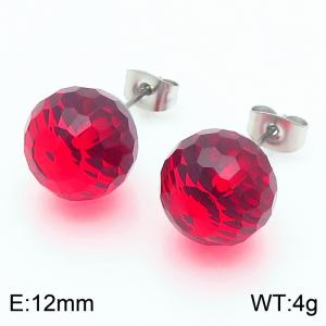 Stainless steel fashionable and creative sparkling 12mm red crystal round ball jewelry temperament silver earrings - KE116399-K