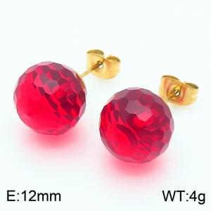 Stainless steel fashionable and creative sparkling 12mm red crystal round ball jewelry temperament gold earrings - KE116400-K