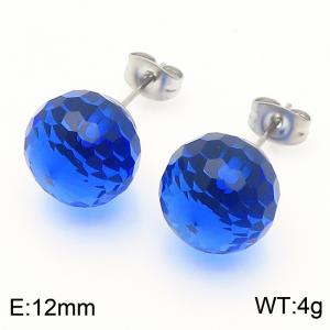 Stainless steel fashionable and creative sparkling 12mm sapphire blue crystal round ball jewelry temperament silver earrings - KE116401-K