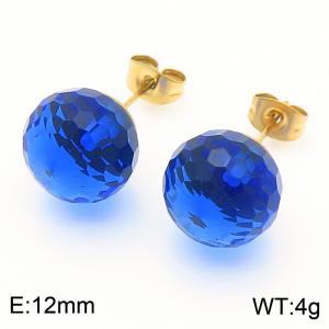 Stainless steel fashionable and creative sparkling 12mm sapphire blue crystal round ball jewelry temperament gold earrings - KE116402-K