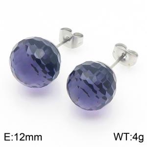 Stainless steel fashionable and creative sparkling 12mm dark purple crystal round ball jewelry temperament silver earrings - KE116403-K