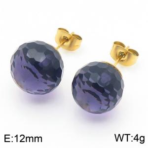 Stainless steel fashionable and creative sparkling 12mm dark purple crystal round ball jewelry temperament gold earrings - KE116404-K