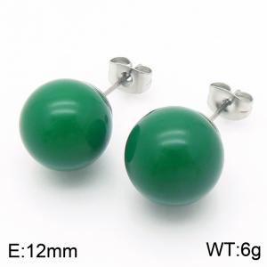 Stainless steel fashion creative 12mm jade green round ball jewelry temperament silver earrings - KE116405-K