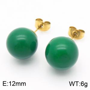 Stainless steel fashion creative 12mm jade green round ball jewelry temperament gold earrings - KE116406-K