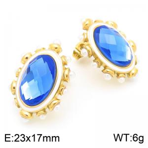 French fashion retro stainless steel creative oval inlaid with blue diamond temperament gold earrings - KE116507-KFC