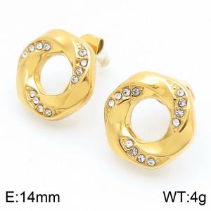 Simple and fashionable stainless steel creative hollow out wrinkled circular diamond studded charm gold earrings - KE116536-GC