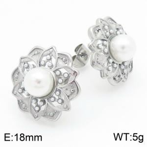 French retro personalized high-end stainless steel creative lotus inlaid pearl temperament silver earrings - KE116687-KFC