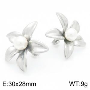 European and American exaggerated personality stainless steel creative petal inlaid pearl women's temperament silver earrings - KE117760-KFC