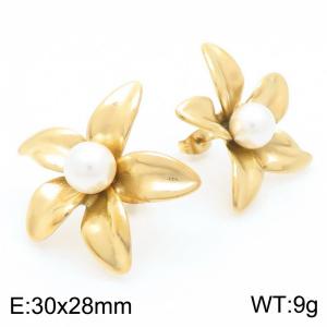 European and American exaggerated personality stainless steel creative petal inlaid pearl women's temperament gold earrings - KE117761-KFC