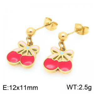 Sweet Jewelry Cherry Charm Oil Drop Earrings 18K Gold Stainless Steel Earrings for Girls - KE119404-Z
