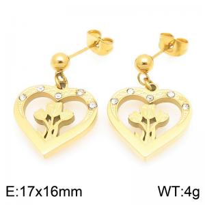 Fashionable countryside style stainless steel earrings paired with diamond studded hollow hearts and flower pendants - KE119484-Z