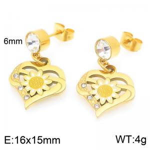 Fashionable countryside style stainless steel earrings paired with diamond studded hollow hearts and flower pendants - KE119487-Z