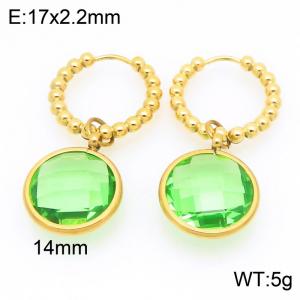 Fashionable stainless steel creative light green color glass diamond circular pendant temperament gold earrings - KE121180-Z