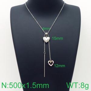 Simple and stylish stainless steel double heart pendant with tassel necklace - KN113652-Z