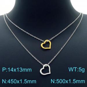 Silver Double Cable Chain with Double Heart  Charm Pendants Necklace - KN226759-Z