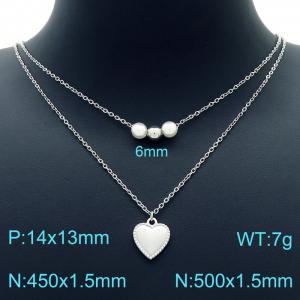 Silver Color Double Cable Chain with Pear Beads and Heart  Charm Pendant Necklace - KN226761-Z