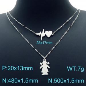 Stainless Steel Double chain Necklace with Heartbeat and llittle Girl - KN226768-Z