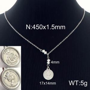 Stainless steel queen coins tassel crystal beads steel colored necklace - KN230074-Z
