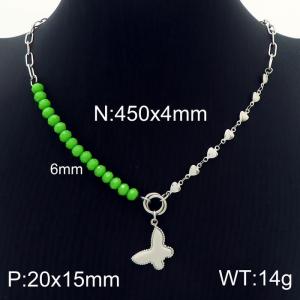 Green Bead Jewelry Heart Chain Stainless Steel Butterfly Pendant Necklaces - KN230109-Z
