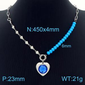 Blue Bead Jewelry Splice Stainless Steel Heart Chain Heart Necklaces For Women - KN230128-Z