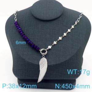 Silver Color Stainless Steel Angel Wings Beads Pendant Heart Link Chain Necklace For Women - KN230138-Z