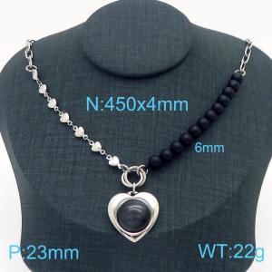 45cm Silver Color Stainless Steel Love Heart Cat's Eye Stone Beads Pendant Heart Link Chain Necklace For Women - KN230142-Z