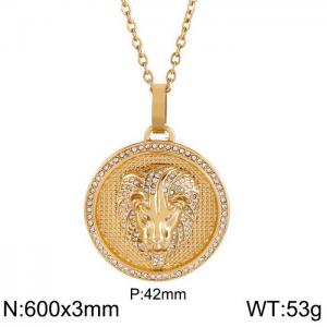 European and American hiphop stainless steel round brand necklace personality diamond lion head male pendant necklace - KN230174-K