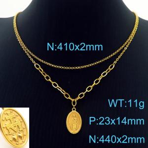 Double Layer Chain Virgin Mary Pendant Necklace Stainless Steel Gold Color - KN231073-Z