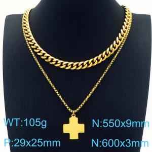 Double Layer Chain Cross Pendant Necklace Stainless Steel Gold Color - KN231082-Z