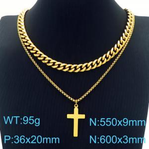 Double Layer Cuban Chain Cross Pendant Necklace Stainless Steel Gold Color - KN231084-Z