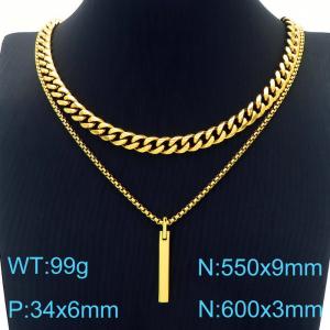 Double Layer Cuban Chain Long Strip Pendant Necklace Stainless Steel Gold Color - KN231086-Z