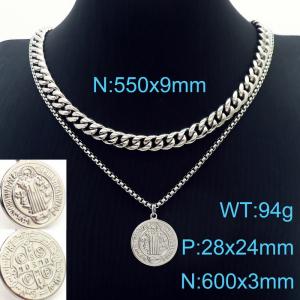 Double Layer Link Chain CSPB Pendant Necklace Stainless Steel Silver Color - KN231097-Z