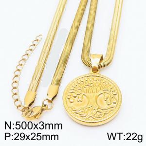 Stainless steel 500x3mm snake chain with life tree circle pendant trendy gold necklace - KN231743-Z