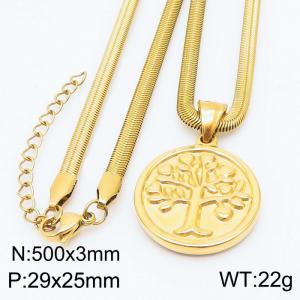 Stainless steel 500x3mm snake chain with life tree circle pendant trendy gold necklace - KN231748-Z