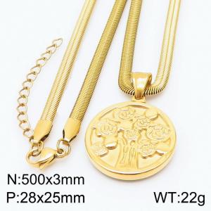 Stainless steel 500x3mm snake chain with life tree circle pendant trendy gold necklace - KN231749-Z